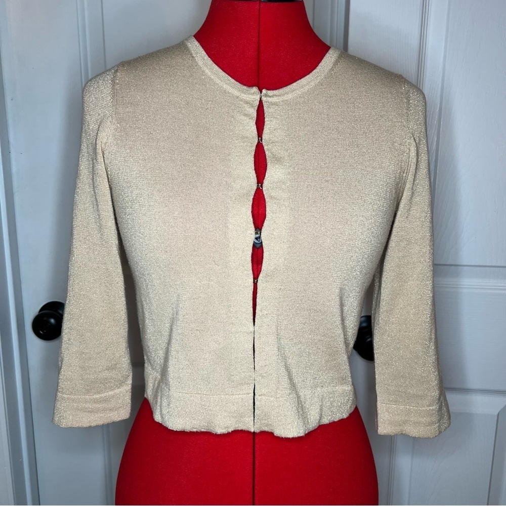 Lilly Pulitzer Annie Cardigan Hook & Eye Sand Metallic 3/4 Sleeve Women XS
